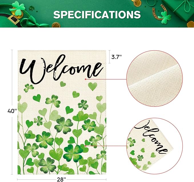 AVOIN colorlife St Patricks Day Welcome House Flag 28x40 Inch Double Sided Outside, Shamrocks Clovers Floral Yard Outdoor Decoration