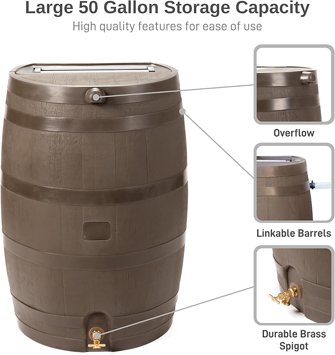 RTS Home Accents 50-Gallon Rain Barrel with Link Kit, Flat Back Rain Water Collection Barrel, Link Kit Included, Walnut Color (2 Pack)