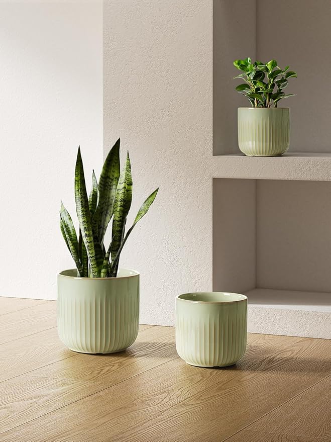 LE TAUCI Fluted Ceramic Pots for Plants, 8.3/7/6 Inch Indoor Planters with Drainage Holes & Mesh, Modern Glossy Glaze Cylinder Plant Pot for Snake Plant, Set of 3, Sage Green