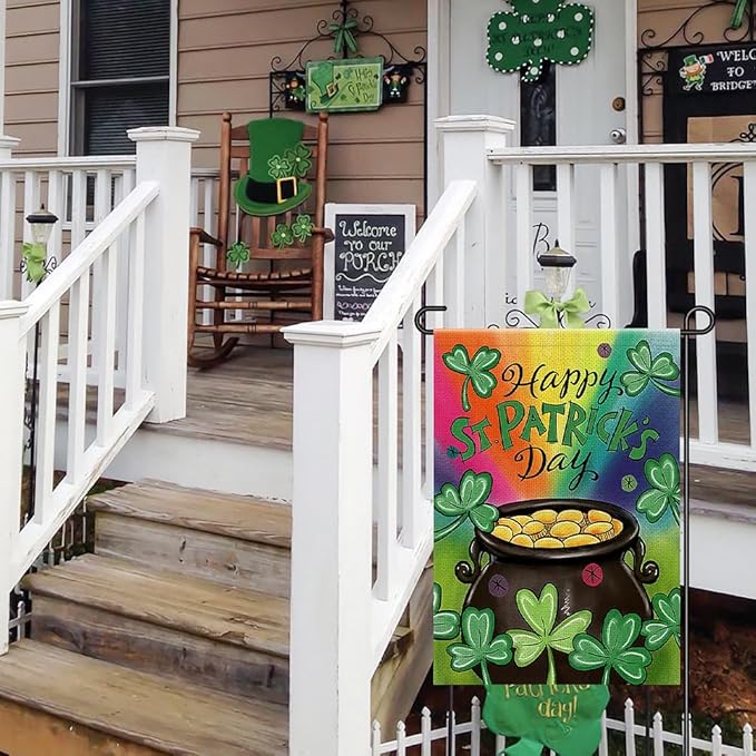 Happy St Patrick's Day Garden Flag 12x18 Inch Double Sided Burlap, Green Lucky Clovers Shamrock Gold Coin Sign for Farmhouse Yard Outdoor Decor DF430