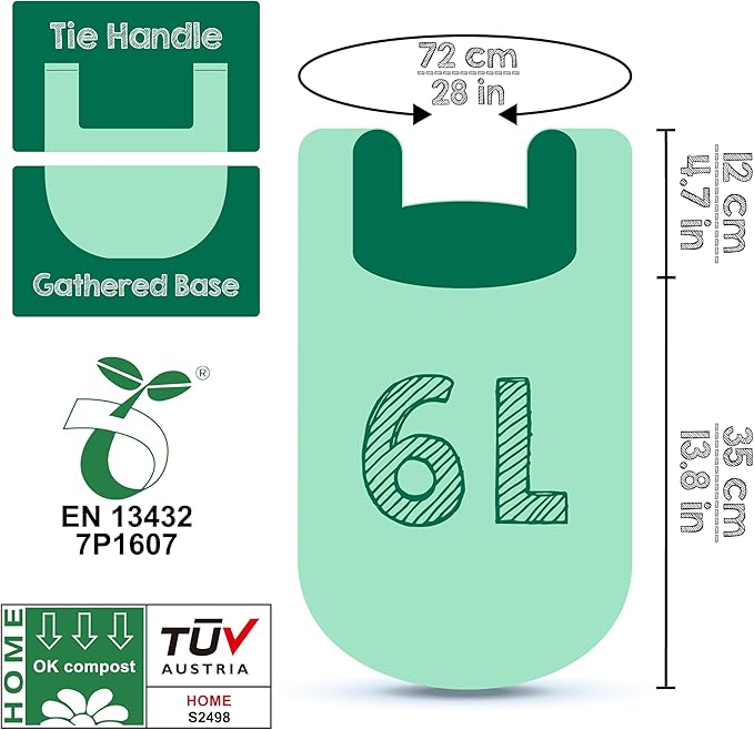 GREENER WALKER 100% Compostable Trash Bags with Tie Handles, 1.6 Gallon-150Bags, Food Scrap Kitchen Waste Bags with EN13432 Certified