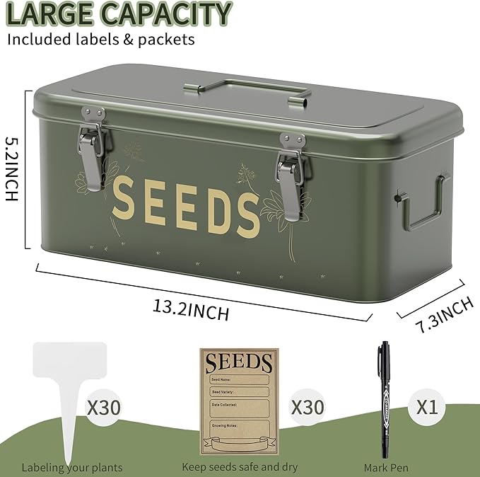 Orionstar Metal Seed Storage Organizer, 4 Compartments Saving box with 30 Envelopes & Labels, Garden Organization Bin for Heirloom Protection, Vintage Dark Green