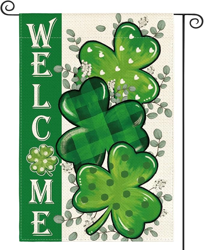 AVOIN colorlife St Patricks Day Garden Flag 12x18 Inch Double Sided Outside, Shamrock Lucky Clover Welcome Holiday Yard Outdoor Flag