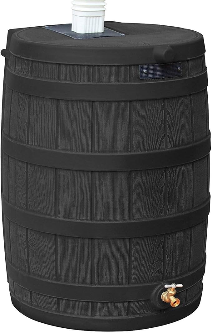 Good Ideas Rain Wizard 50 Gallon Plastic Outdoor Home Water Storage Tank Rain Barrel Collector with Brass Spigot and Flat Back Design, Black, 2 Pack