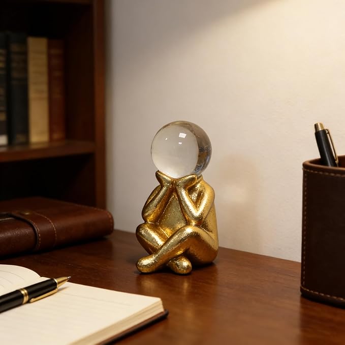 Golden Thinker Statue with Crystal Ball, 4.72” Tall Resin Abstract Figurine, 3.54" L x 2.36" W, Modern Home Decor for Shelf, Desk, Mantel & Office Accent (People)