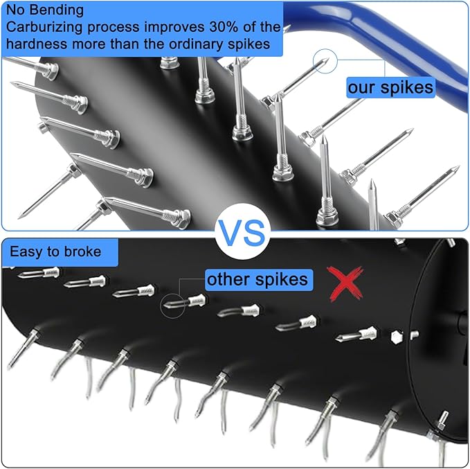 21" Rolling Lawn Aerator, 45 Preassembled Spikes, Only Needs 3-5 Minutes to Assemble, No Looseness, No Bending, No Need to Add Weight, 75" Long Handle with Quick Clip Connections - Blue