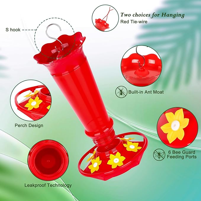 FEED GARDEN 10oz Plastic Hummingbird Feeders for Outdoors - 2 Pack Red, Ant & Bee Proof, 6 Feeding Ports, Easy Clean Red Nectar Feeders for Outside Hanging, Gifts for Christmas, Mom