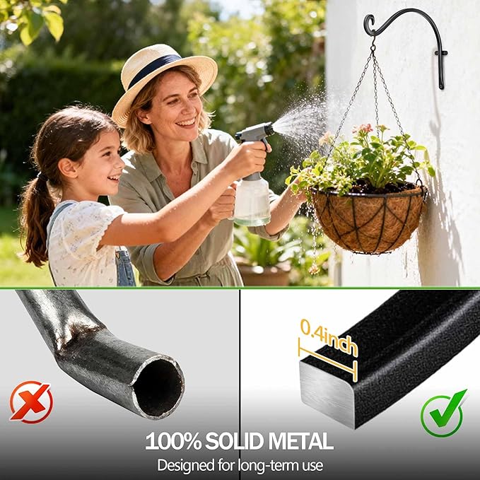 AJART Hanging Plant Hanger Outdoor: 12-Inch Metal Bird Feeder Wall Hooks - 4 Pieces Black Plant Bracket Hook for Hanging Flower Baskets