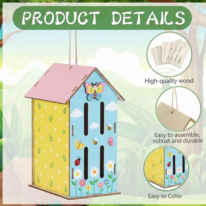 DoubleFill 48 Pack Wood Butterfly House Painting Crafts Kits My First Butterfly House DIY Art Craft Kit with Hemp Rope DIY Cedar Wooden Birdhouse for Building Bee Ladybug Habitat (No Paint