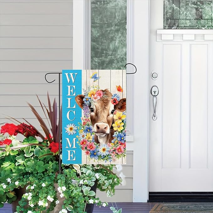 Spring Welcome Cow Garden Flag 12 x 18 inch Double Sided Outside decorations,Funny Cute Animal Small Garden Flags For Outdoor Yard Lawn