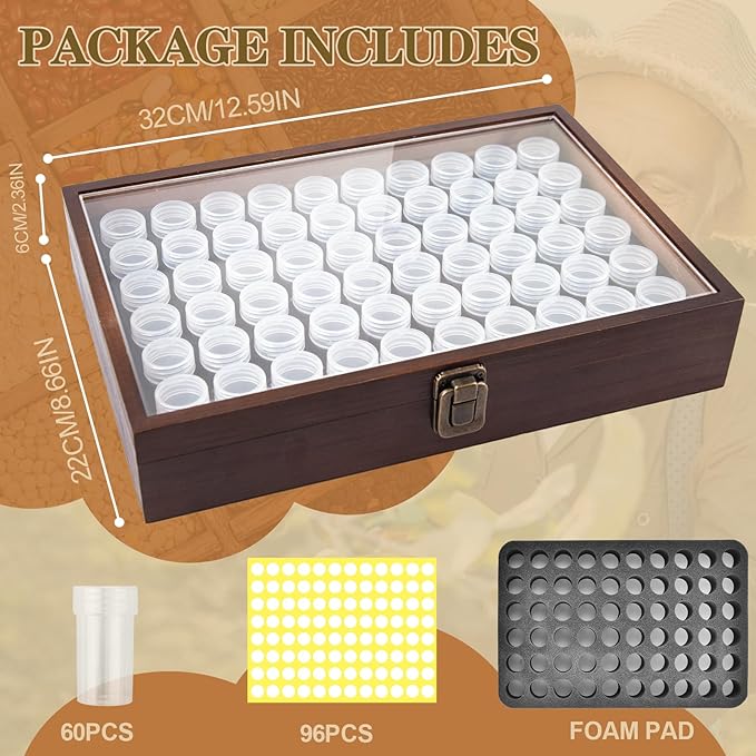 60 Slots Seed Storage Organizer with 96pcs Labels, Wooden Seed Saving Box with Lid and Metal Safety Lock, Garden Seed Organizer for Flowers Plants Vegetables, Brown