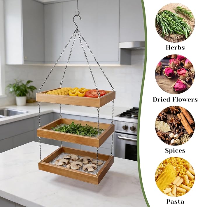 3-Tier Small Herb Drying Rack – Wooden Mesh Dryer (13.75" x 9.84") for Flowers, Pasta, Veggies–Space-Saving Design Perfect for Craft Rooms & Sunrooms – Unique Gift for Gardeners & Craft Lover
