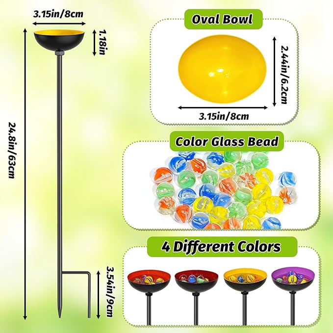 4 Pack Bee Watering Station for Garden, MeyRolizn Outdoors Metal Bee Butterfly Feeder with Glass Marbles, Butterfly Bath Insects Water Bowl for Yard Patio Decor Oval Style