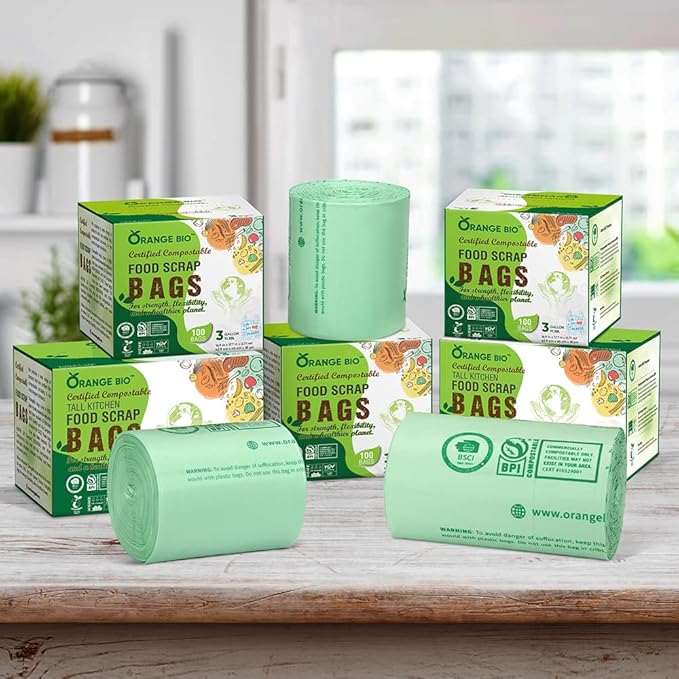 OrangeBio 6-8 Gallon Compostable Trash Bags, 100 Count, Kitchen Food Waste & Compost Bin Liners, Plant-Based Garbage Bags, BPI ASTM D6400 & TÜV OK Compost Home Certified