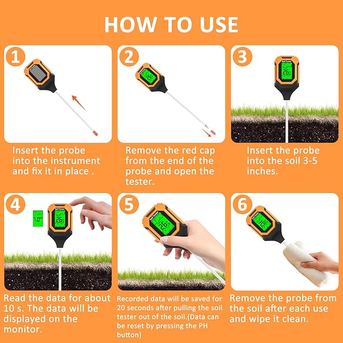 4-in-1 Soil Moisture Meter Digital PH Meter/Soil Moisture/Plant Temperature/Sunlight Intensity, Backlight LCD Display, Soil Test Meter for Garden, Lawn, Plant Care, Farm and Indoor Outdoor Plants