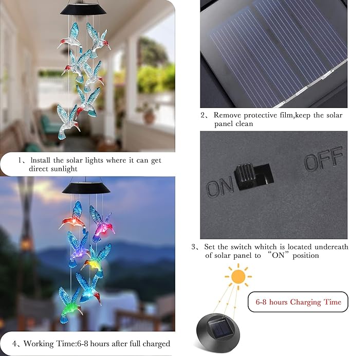 Hummingbird Solar Wind Chimes Color Changing Solared Lights Outdoor Waterproof LED Wind Chimes Solar Powered Lights for Home Party Yard Garden Christmas Decoration(Blue)