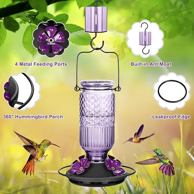 FEED GARDEN Glass Hummingbird Feeder for Outdoors Hanging, 16 OZ Humming Bird Feeders with 4 Bee Guard Feeding Ports&Built-in Ant Moat, Hummingbird Gifts for Mom Bird Feeder for Outside, Purple,2 Pack