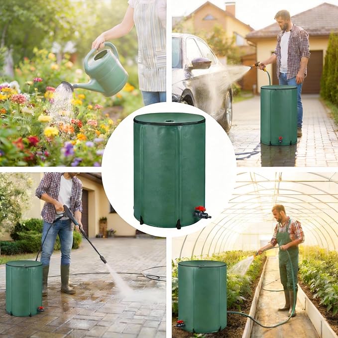 50 Gallon Collapsible Rain Barrel, Foldable 500D PVC Rainwater Collection Barrel with Spigot, Top Mesh and Overflow Valve, Portable Water Storage Tank for Gutter Downspout, Garden Watering