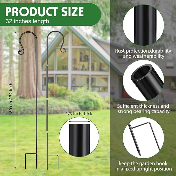 6 Pack Shepherd Hooks for Outdoor 32inch 1/3 Inch Thick Shepherd Metal Curled Garden Hook for Lanterns Hanging Plant Baskets Solar Lights Bird Feeders Wedding Decor, Black
