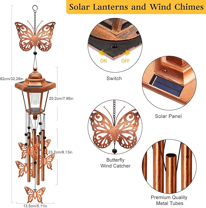 Large Solar Butterfly Wind Chimes with Wind Catcher/Solar Decor Light to Create a Zen Atmosphere Suitable for Outdoor, Garden, Patio Decor Classic Bronze Wind Chimes as A Memorial Gift for Unisex