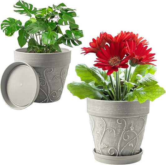 Melphoe Plant Pots Indoor with Drainage & Saucer, 2Pack 7/8 inch Flower Pots Outdoor Planters for Indoor Plants Garden Home Decor Cactus Succulent, Rigid Plastic (Imitation-Terracotta) Vine-Embossed