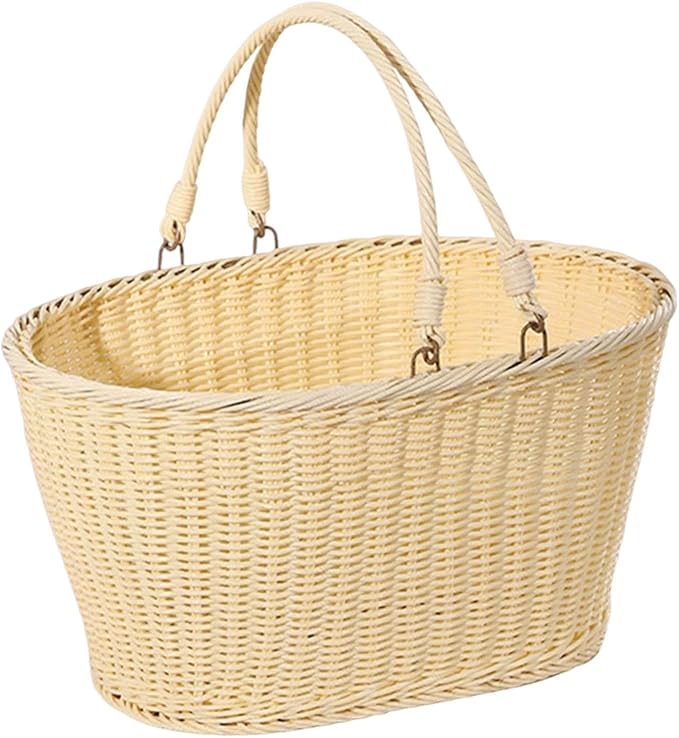 MYCENSE Wicker Picnic Storage Basket with Foldable Handle, PP Woven Empty Picnic Baskets, Sturdy Iron Wire Frame, Versatile Harvest Basket for Camping, Beach, Park, Halloween, C 35x27x17cm