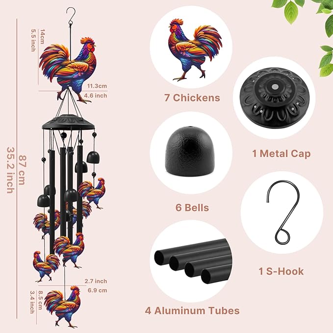 Chicken Wind Chimes for Outside, Black Metal Windchimes Outdoors, Chickens Gifts for Women/Men, Garden/Yard Decor, Memorial/Birthday Gifts for Grandma/Mom, Durable Chimes for Outdoors