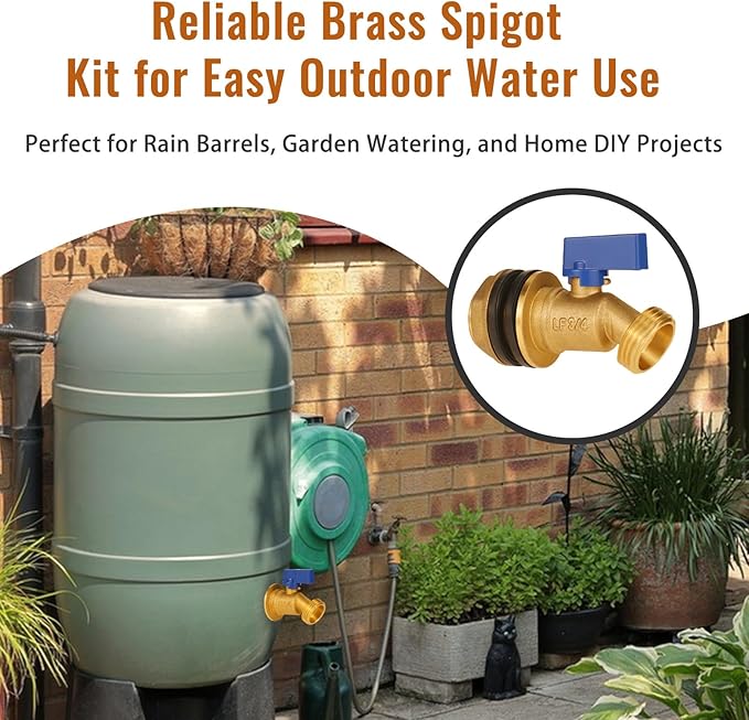 Angry Pony G 3/4 to GHT 3/4 Brass Rain Barrel Spigot Kit, Outdoor Water Barrel with Bulkhead Fitting for 5/55 Gallon Barrels,Garden Hose Bib, Water Spout for Rain Water Collection Barrels