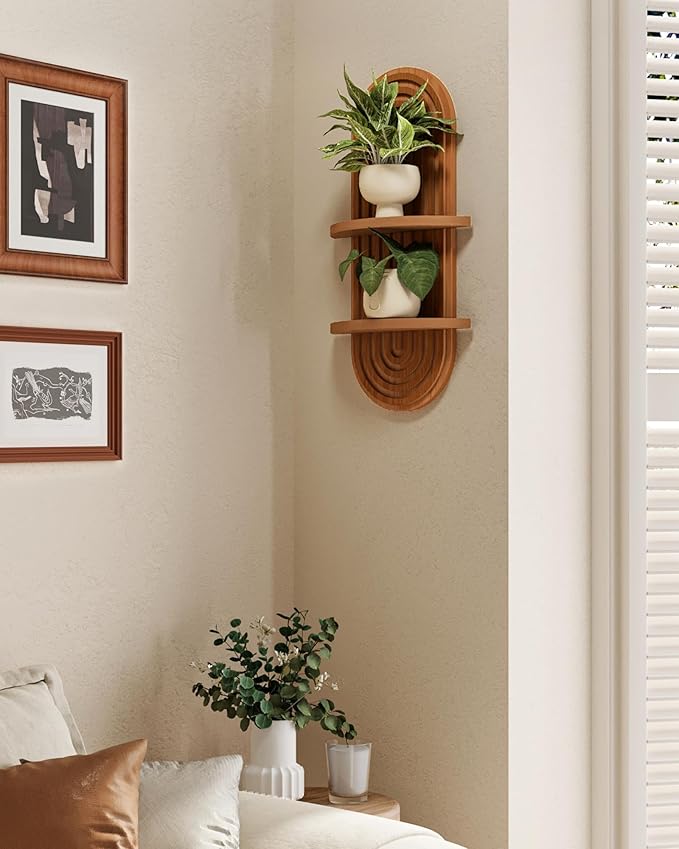 Bamworld Boho Wall Decor Brown Plant Wall Shelf Mid Century Modern Decor Hanging Plant Shelf 16.7in 2 Tier Wooden Floating Shelves for Home Bathroom Bedroom Living Room Office Holding Planter