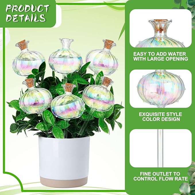 Yungyan 6 Pcs Self Watering Plant Globes Glass Cactus Insert Watering Devices Automatic Plant Watering Bulbs Water Globes for Indoor Outdoor Plants(Rainbow Color,9.84 Inch)