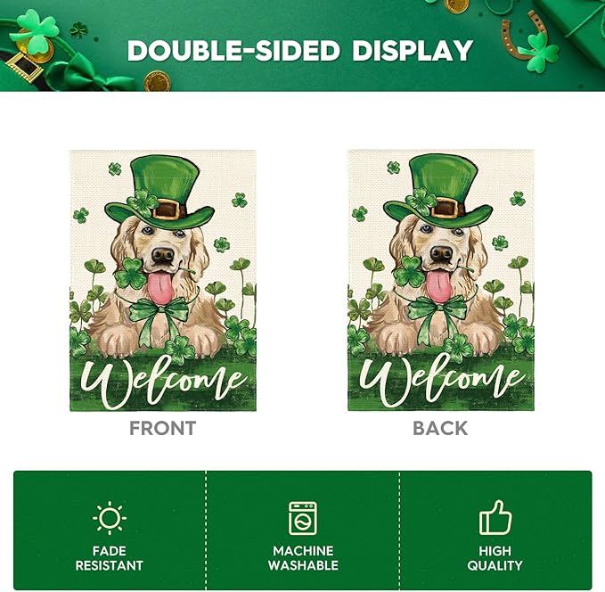 AVOIN colorlife St Patricks Day Green Hat Dog House Flag 28x40 Inch Double Sided, Lucky Shamrock 17 March Welcome Yard Outdoor Flag