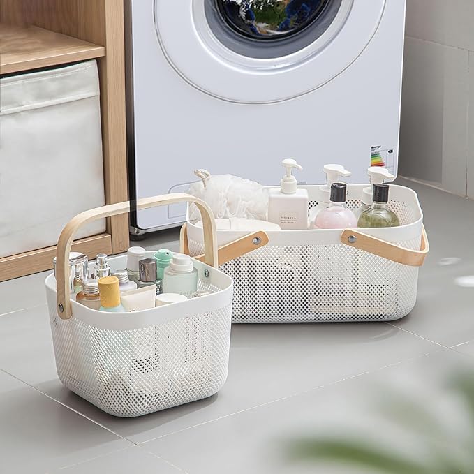 2 Pack Plastic Mesh Garden Harvest Basket, Plastic Picnic Baskets with Foldable Wooden Handle, Rectangle Fruit Vegetable Storage Organizer Bins for Gathering, Kitchen, Pantry, White