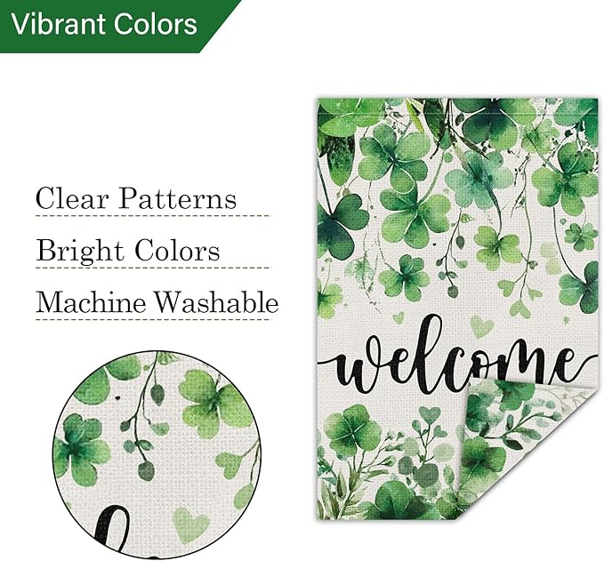 Louise Maelys St Patrick's Day Garden Flag Shamrock Clover Welcome 12x18 Inch Double Sided Small Burlap Love Heart Saint Patricks Spring Holiday Yard Outdoor Sign Outside House Decor