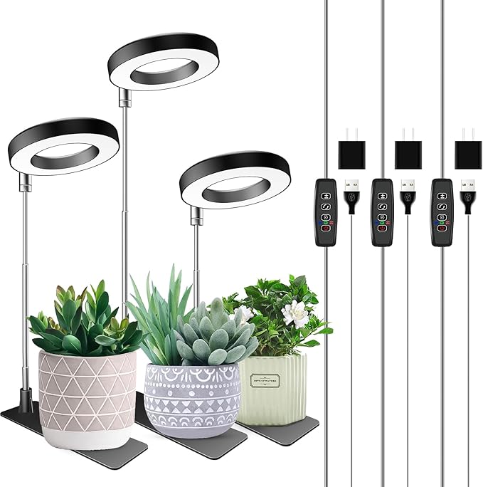 Plant Grow Light, 48 LEDs Full Spectrum Grow Lights for Indoor Plants, Height Adjustable Small Halo Grow Light with Base, 3 Optional Spectrums, Auto Timer 3/9/12Hrs, 10 Brightness, 3 Pack