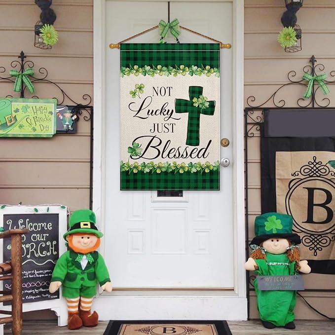 AVOIN colorlife Lucky Clover St Patricks Day House Flag Double Sided, Buffalo Plaid Rustic Farmhouse Shamrock Yard Outdoor Flag 28 x 40 Inch