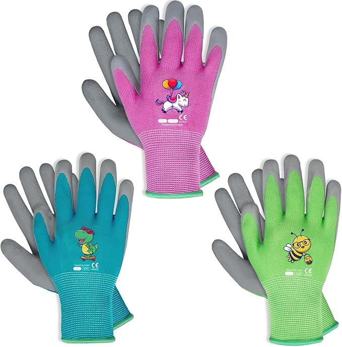 Ages 8-10 Kids Gardening Gloves,Yard Work Gloves for Toddlers, Youth, Girls, Boys, Childrens, Soft Safety Rubber Gloves (XS Age 8-10, 3 Pairs Green, Blue&Pink)