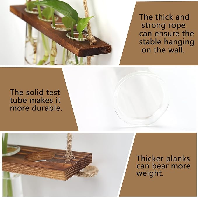 Wall Hanging Planters Propagation Tubes with Wooden Stand,2 Tier Retro Terrarium Glass Containers Hydroponic Garden Plants Propagation Stations for Office Home Decor,8pcs Test Tubes (Brown)