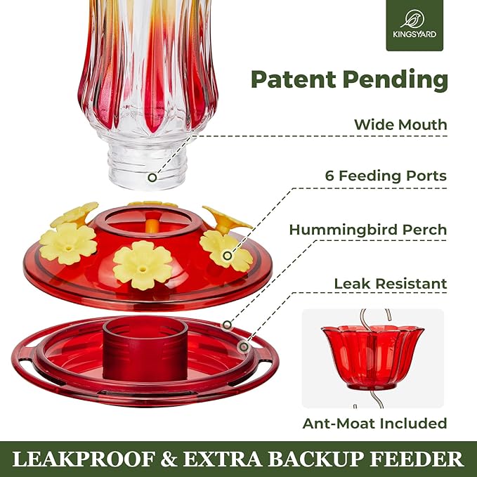 Kingsyard Glass Hummingbird Feeders for Outdoors Hanging, 25 oz Leak Proof Hummingbird Feeder with Ant Moat & 6 Bee Proof Feeding Ports, Red