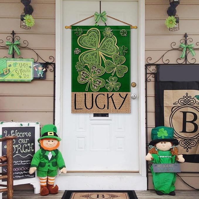 AVOIN colorlife St Patricks Day House Flag 28x40 Inch Double Sided Outside, Lucky Shamrock Clover Irish Floral Yard Outdoor Flag