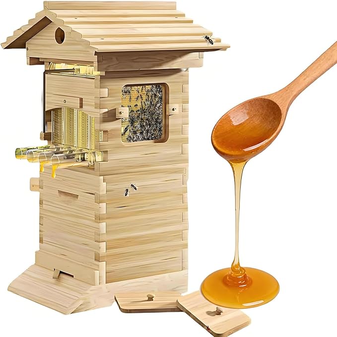 Complete Beekeeping Supplies，Bee Hives Boxes Starter kit with Observation Window & Honey Spout,Carpenter Bee House,for Garden Pollinators
