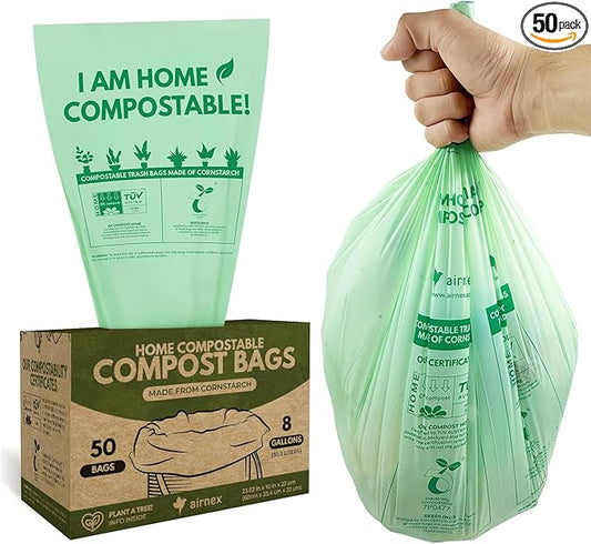 Compostable Kitchen Trash Bags 8 Gal - Cornstrarch Leakproof & Tear Resistant 50 Compost Bags - OK Compost Home & Seedling Certified 0.22 mm Kitchen Garbage Bags