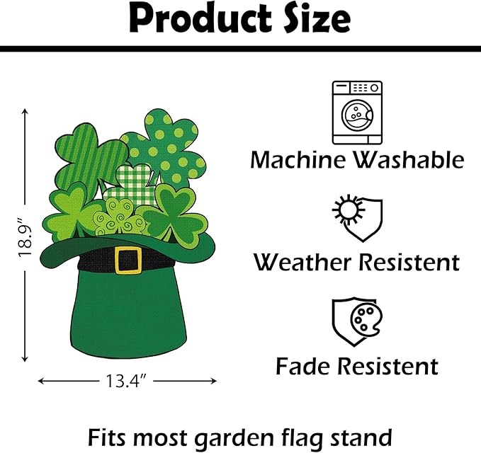 Heyfibro St Patrick's Day Garden Flag Banner Double Sided 13.4x18.9 Inch Shamrocks Green Hat Garden Flag Clover Yard Flags for Outside House Farmhouse Holiday St Patricks Outdoor Decorations