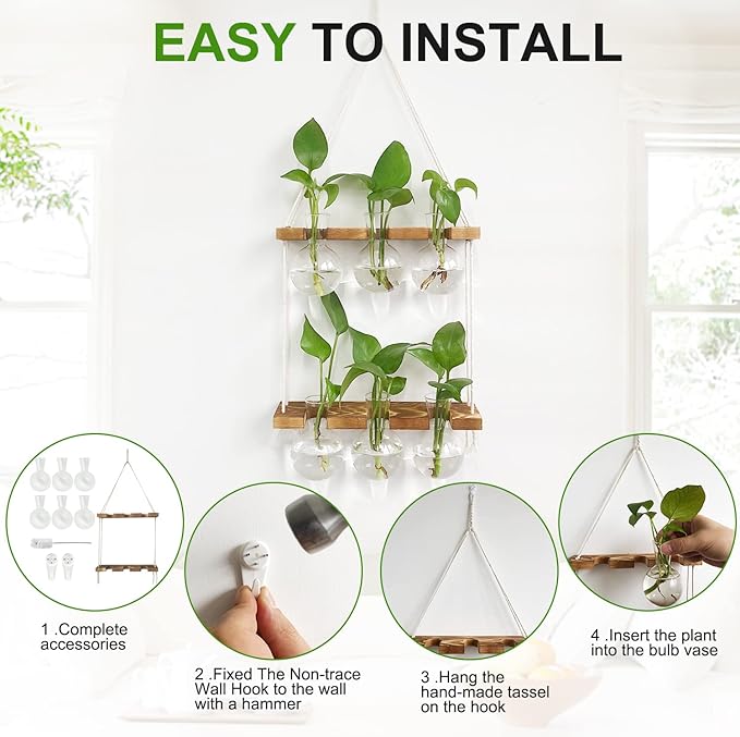 Plant Propagation Station Wall Hanging, Plant Terrarium with 2 Tiered Wooden Stand for Hydroponics Plants, Unique Gardening Gifts for Women Mom Plants Lovers - 6 Bulb Glass Vases