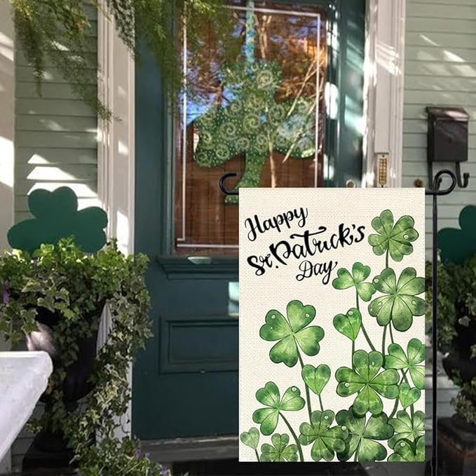 Happy St Patricks Day Garden Flag 12x18 Inch Double Sided Outside, Blossom Shamrock Outdoor Yard Flag Green Lucky Clover Holiday Decoration