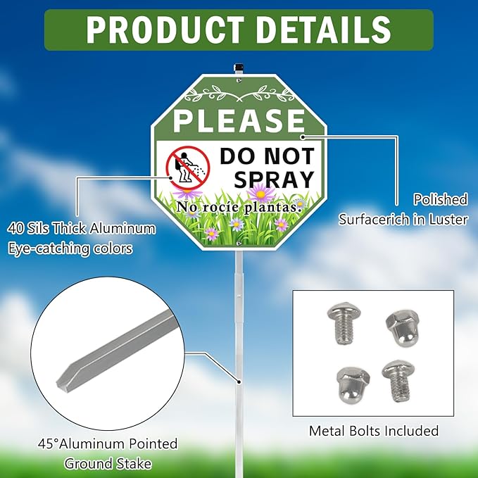 2 Pack 10" x 28" Do Not Spray Signs with Stake, Aluminum Garden Metal Signs for Outdoor Lawn, Bilingual Plant Sign in English and Spanish