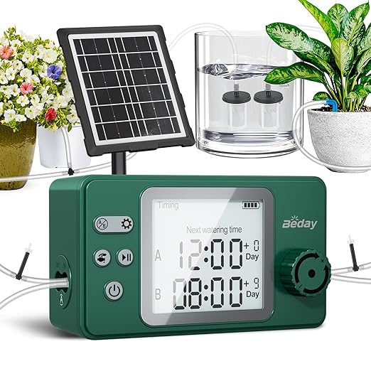 Solar Powered Dual Pump Drip Irrigation Kit for Outdoor Indoor Plants, 2-Zone Smart Self-Watering System with USB Charging, Automatic Plant Waterer for Garden Patio Balcony Vacation