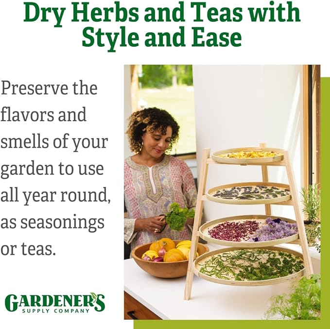 Gardener's Supply Company | Wooden Bamboo Herb Drying Rack | Floor Or Countertop Free Standing 4 Layers | with Removable Bamboo Mesh Trays | 20-1/2" W x 25" H