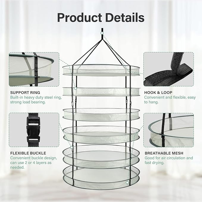 Simple Deluxe 36" 6-Tier Hanging Drying Rack, Foldable Mesh Basket with Hook – Detachable Herb & Fruit Dryer, Space-Saving for Kitchen, Garden, 2 Pack