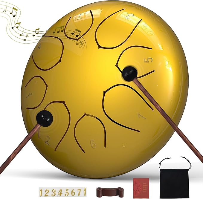 Rain Drum for Outside Garden, 6 Inches 8 Notes Steel Tongue Drums, Waterproof Meditation Rain Chime, Musical Instruments for Adult Gift with Bag, Music Book, Mallets (Gold)