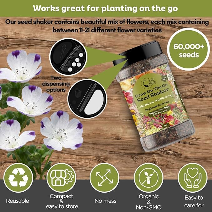 Geva Grow on the Go Seed Shaker - Northwest Wildflower Seeds Regional Mix - Organic, Non-GMO - 100% Pure Seed - 20 Different Wildflowers Seeds of Annual and Perennial, 2oz
